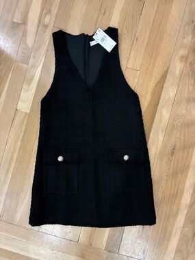 Mango Black Tweed Pocket Shift Dress with Gold Buttons